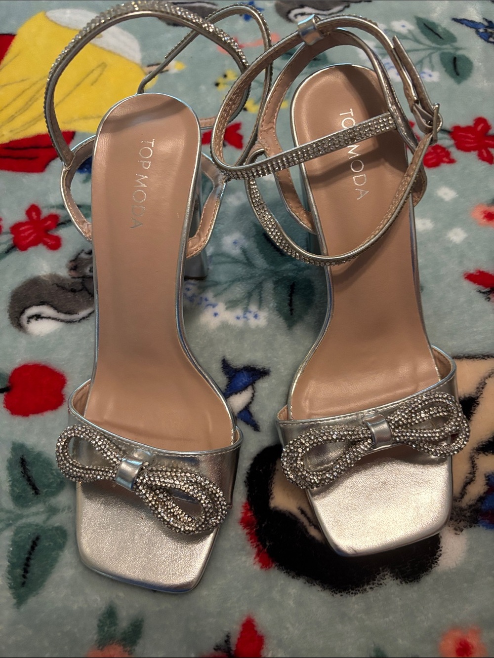 TOP Moda Silver Rhinestone Bow Ankle-Strap Heels